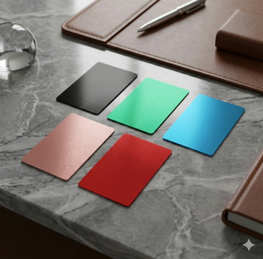 Five anodized aluminum business card blanks arranged on a professional office desk. Colors displayed include Matte Black, Forest Green, Royal Blue, Rose Gold, and Red, showing the premium metallic finish.