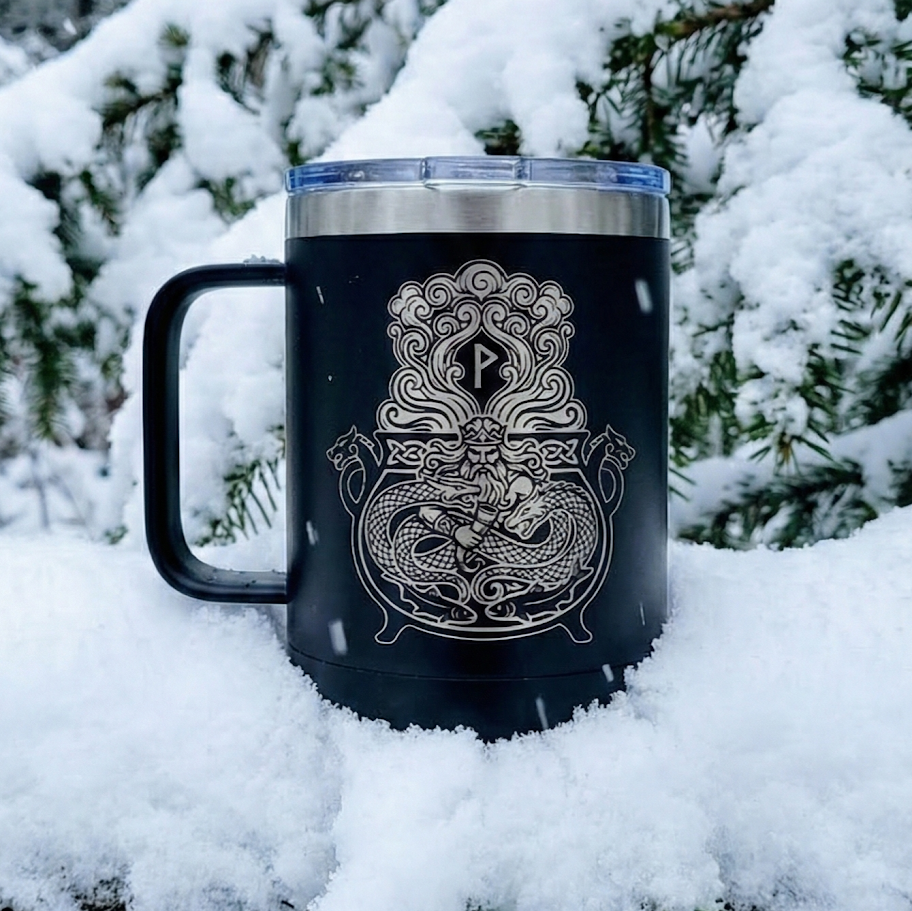 Aegir’s Eternal Pour | 15oz Laser-Etched Stainless Steel Viking Norse Mythology Camp Mug