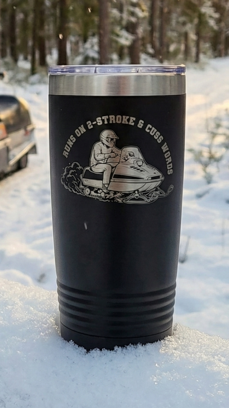 Laser engraved black tumbler with vintage snowmobile rider and text Runs on 2-Stroke and Cuss Words