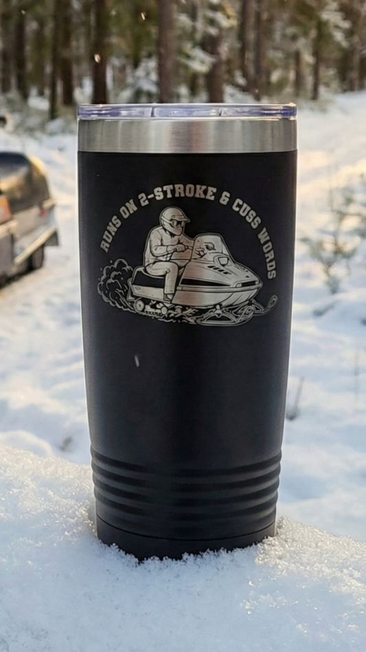 Laser engraved black tumbler with vintage snowmobile rider and text Runs on 2-Stroke and Cuss Words