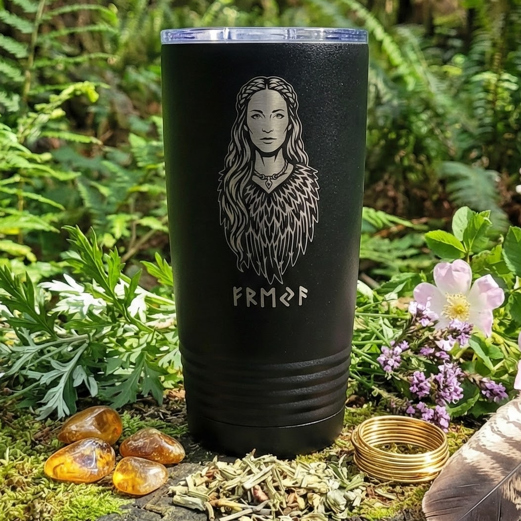 Laser engraved black tumbler featuring Norse Goddess Freya in falcon feather cloak with runic text