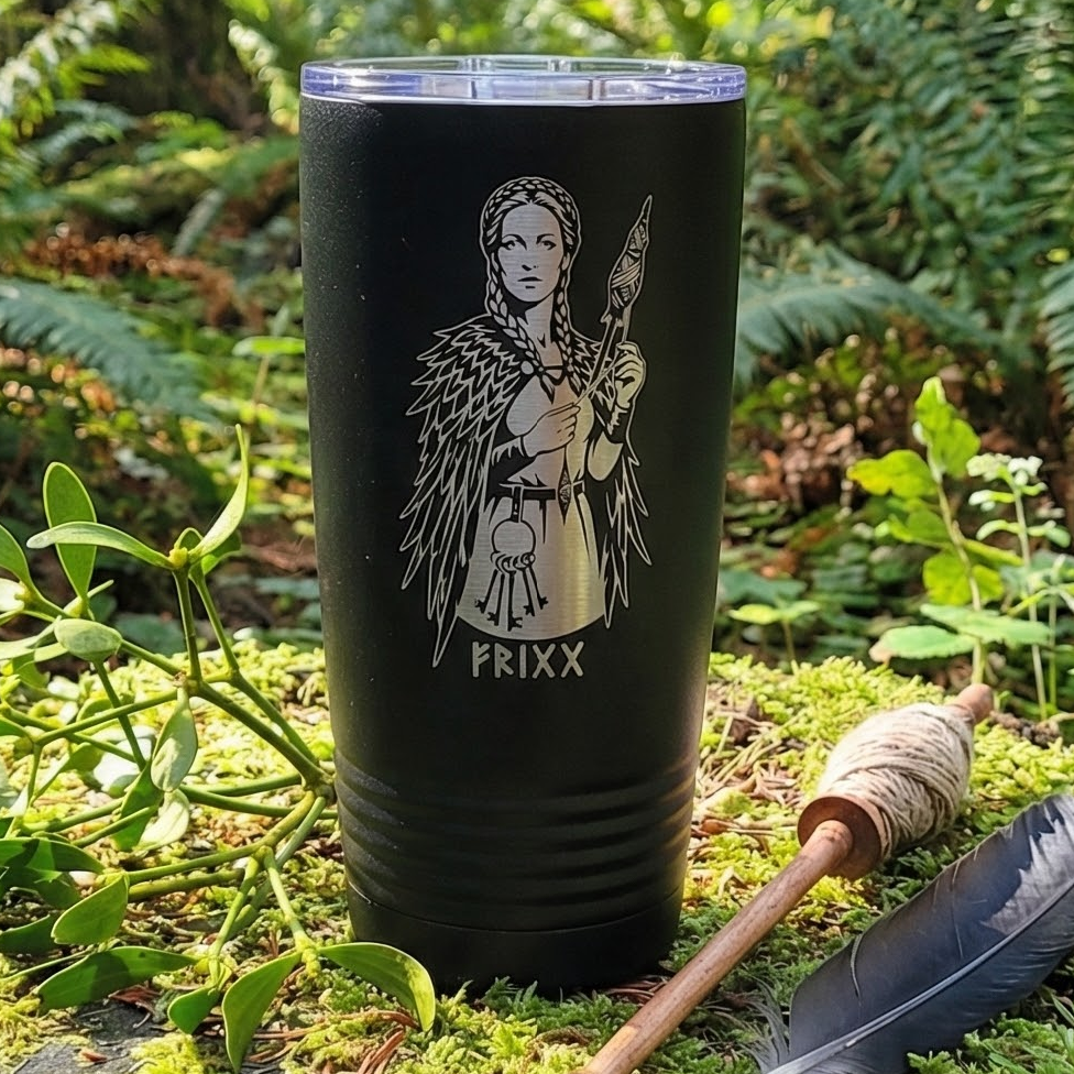 Laser engraved black tumbler featuring Norse Goddess Frigg holding a spindle with keys on her belt