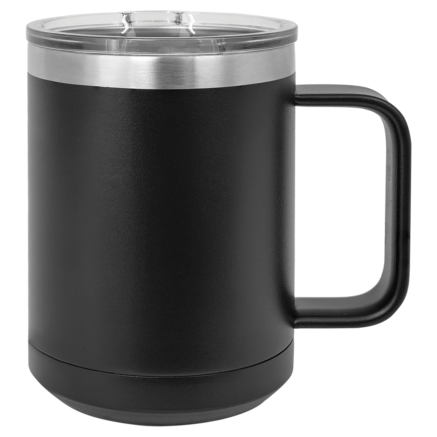 Black insulated mug with a handle on a white background