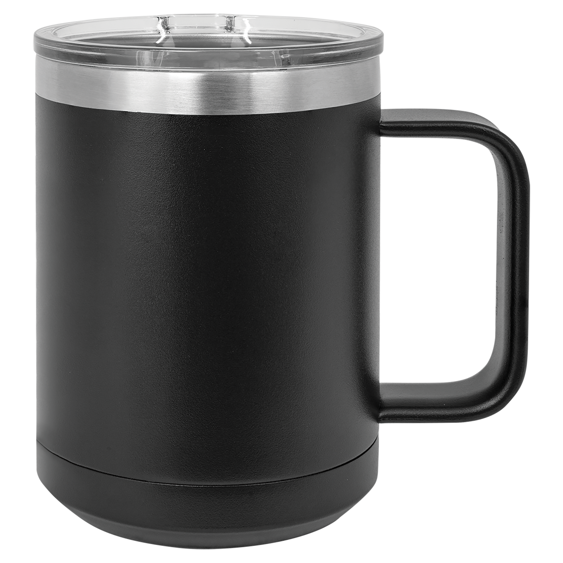 Black insulated mug with a handle on a white background