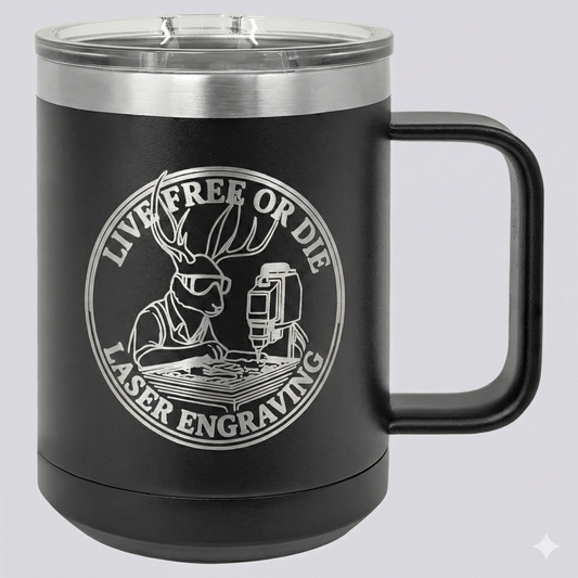 Custom laser engraved 15oz Polar Camel coffee mug with handle, featuring a precision stainless steel engraving on a matte finish.