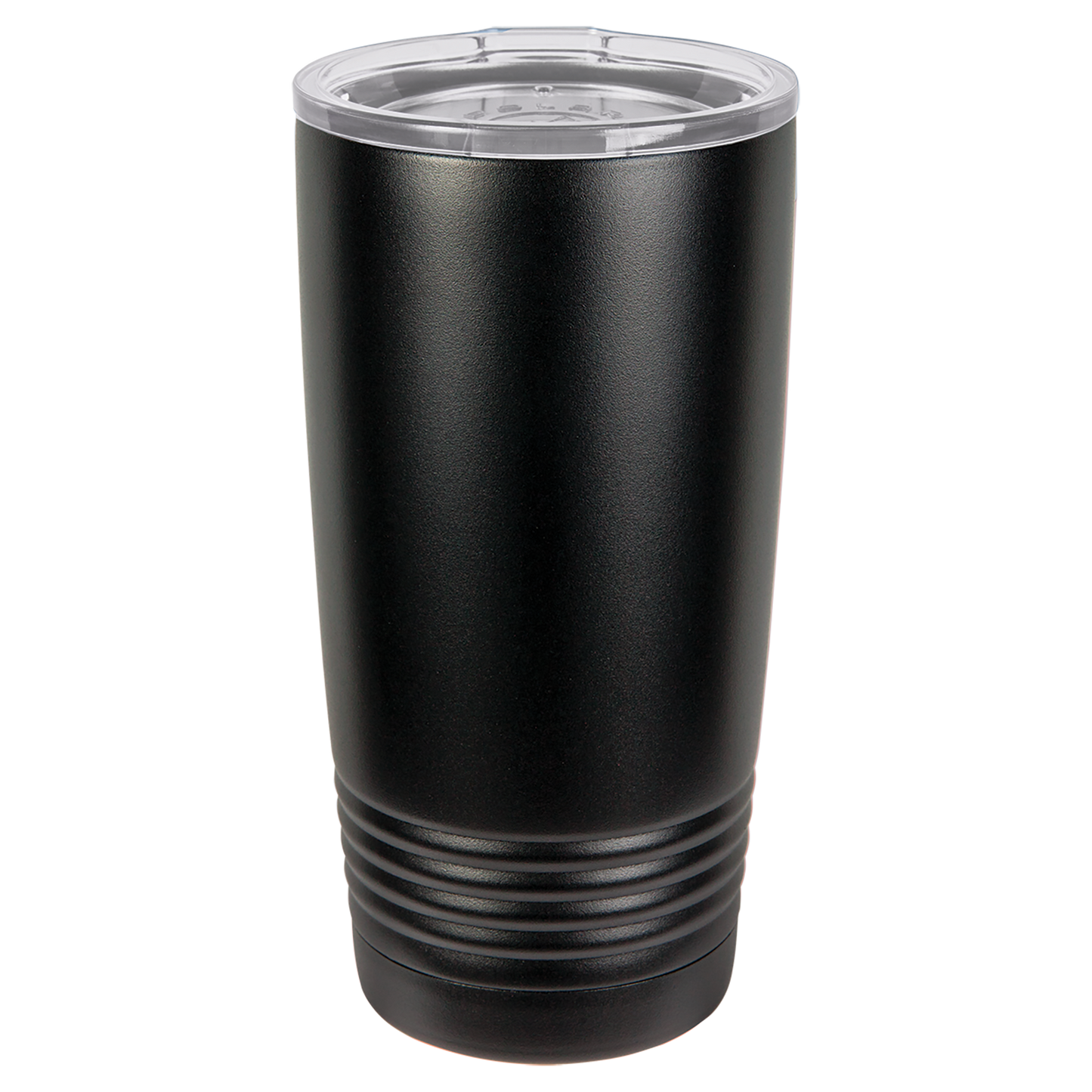 Black insulated tumbler with a clear lid on a white background