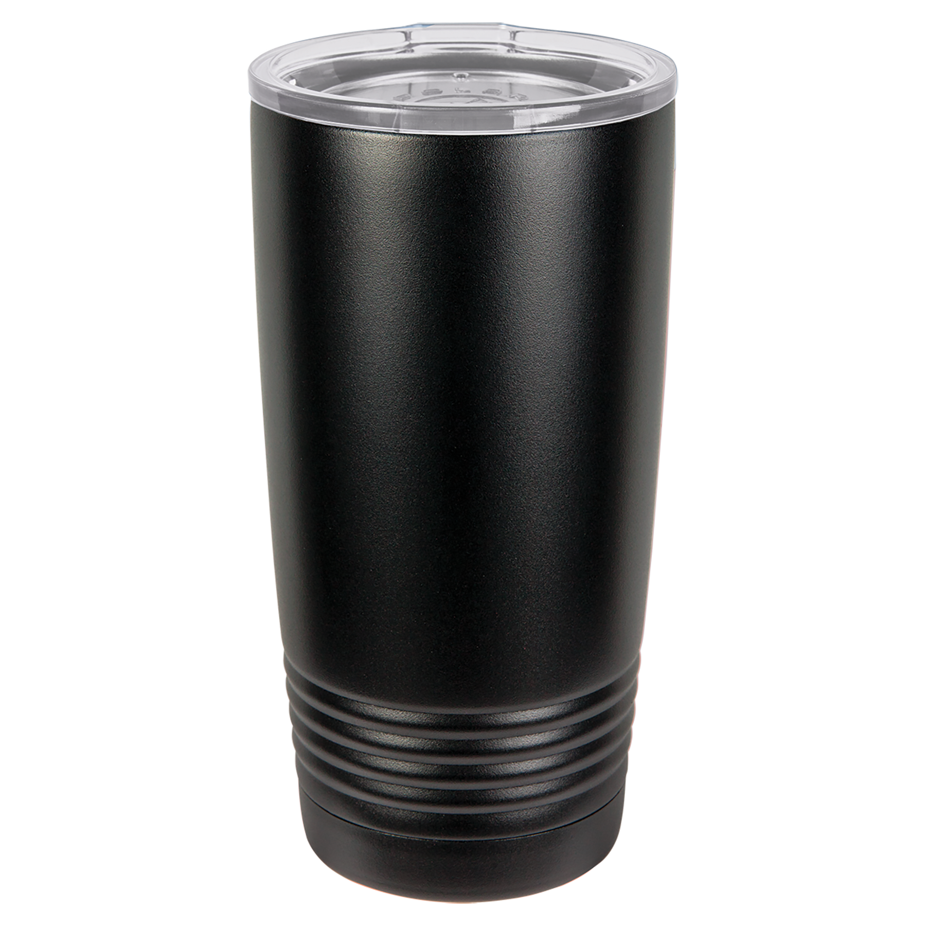 Black insulated tumbler with a clear lid on a white background
