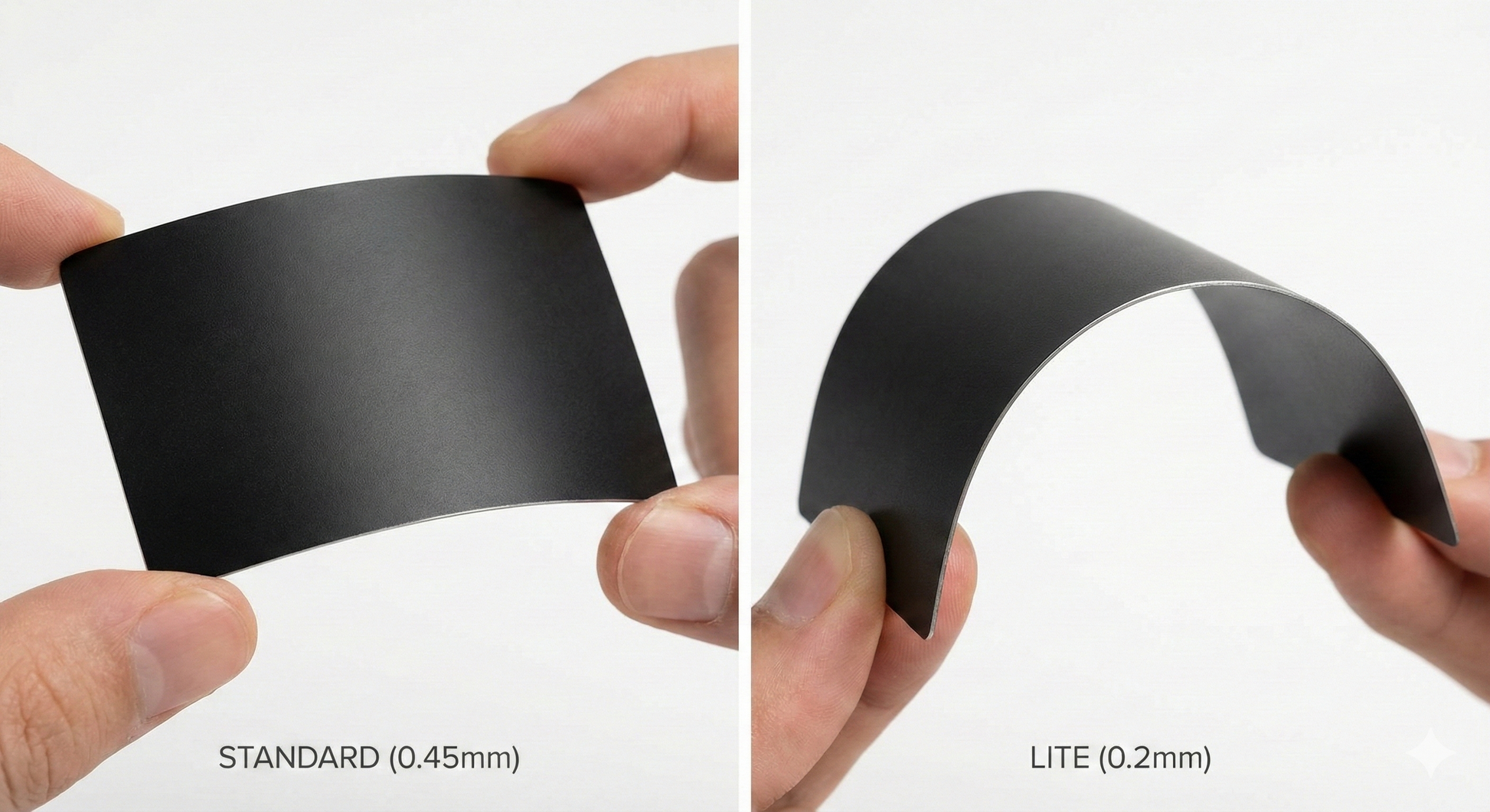 Side-by-side comparison of aluminum business card thickness and flexibility. Left image shows the Standard (0.45mm) card with rigid durability and slight flex. Right image shows the Lite (0.2mm) card demonstrating high flexibility and a lighter weight.